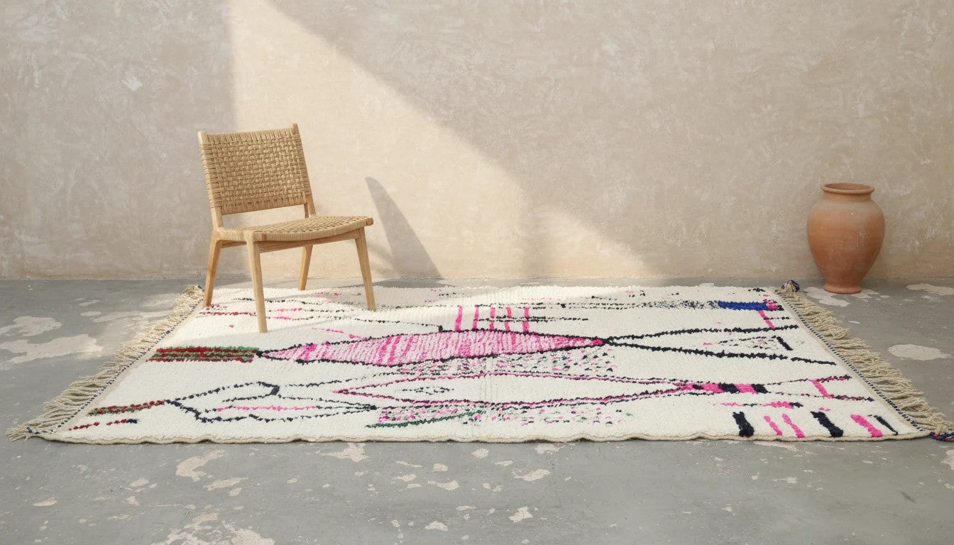 Large Handmade Azilal Rug - 300 x 210 cm (Ivory, Pink & Multicolor)