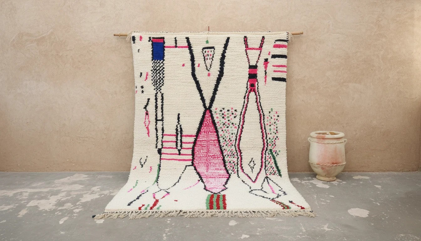 Large Handmade Azilal Rug - 300 x 210 cm (Ivory, Pink & Multicolor)