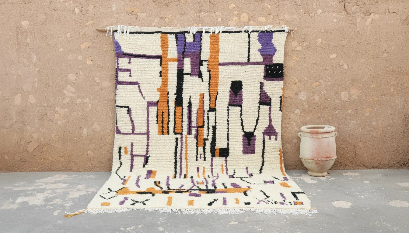 Large Handmade Azilal Rug - 310 x 215 cm (Abstract, Purple, Black &amp; Ochre)