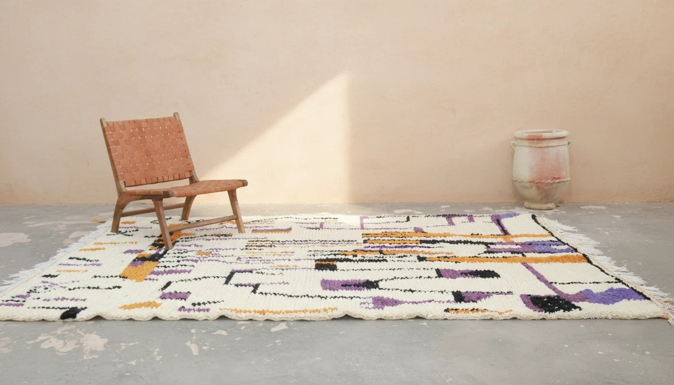 Large Handmade Azilal Rug - 310 x 215 cm (Abstract, Purple, Black &amp; Ochre)